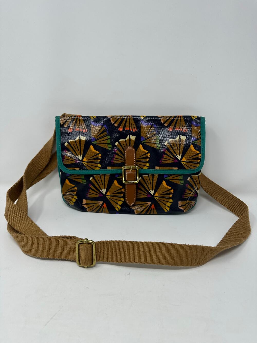 FOSSIL Mini Keyper Crossbody Adjustable Coated Canvas Blue Abstract Floral Purse